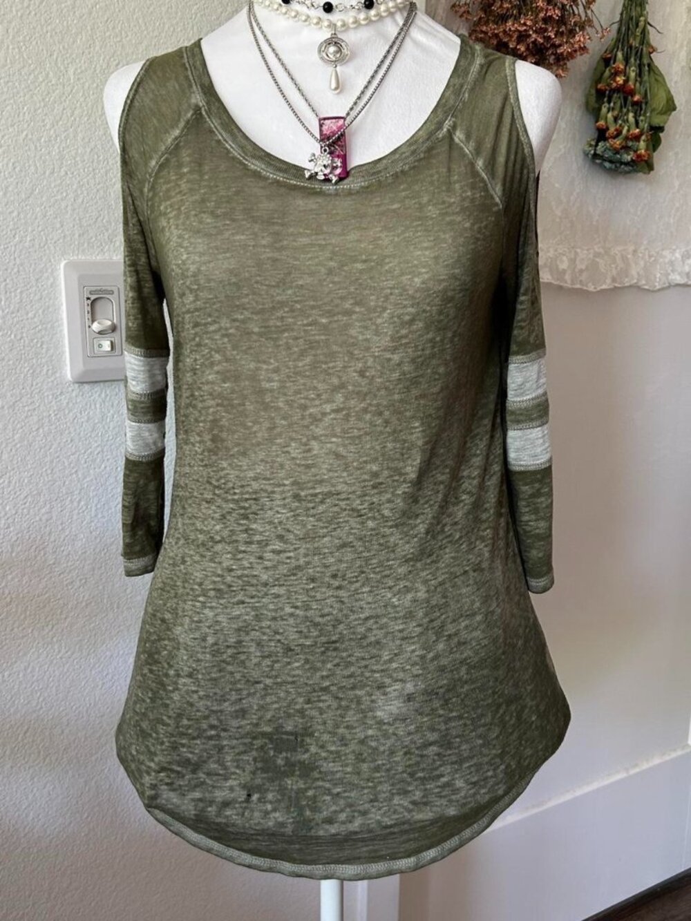 Y2K Olive Green Cold Shoulder Top